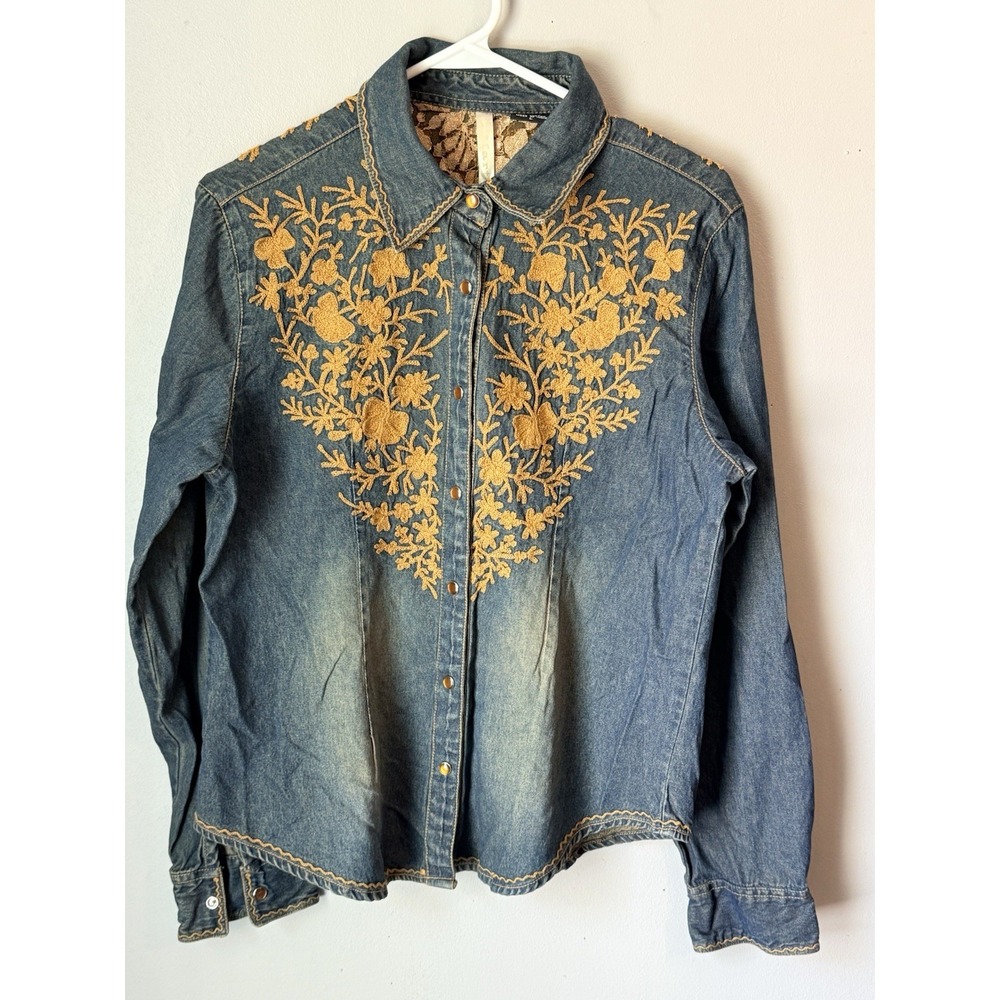 Martini Ranch Denim Gold Snap Embroidered Western Shirt Womens Large
